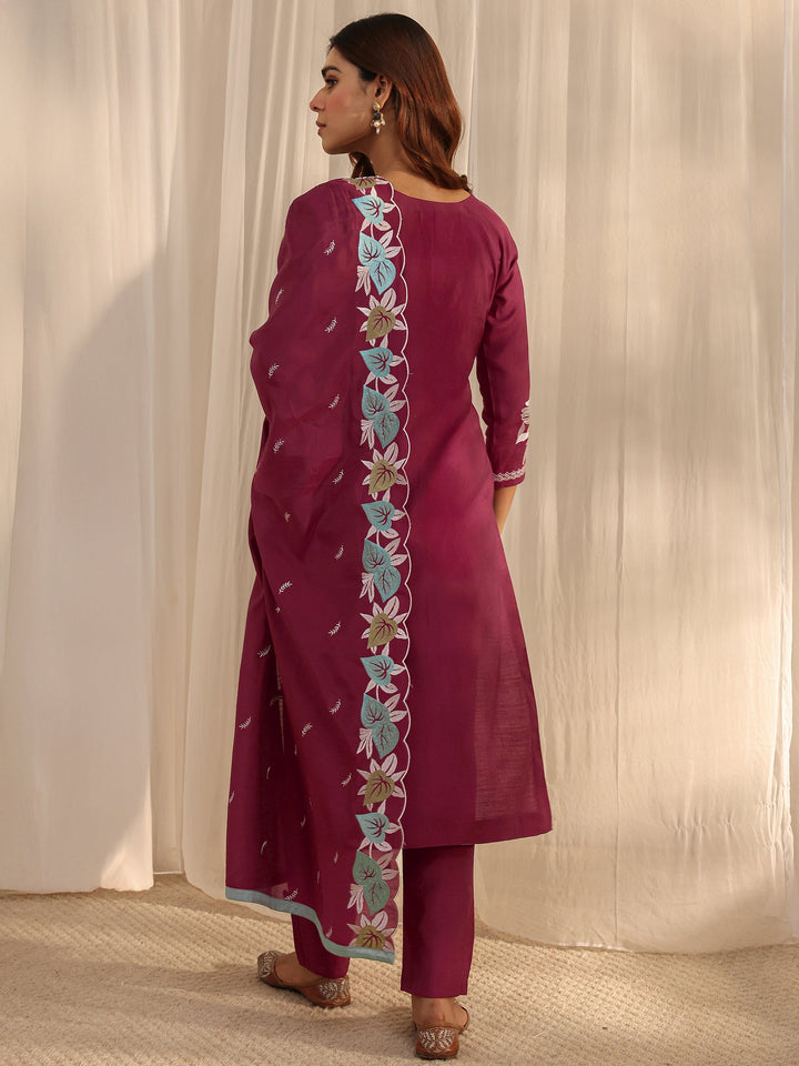 Maroon Floral Embroidered Silk Blend Straight Suit Set With Dupatta