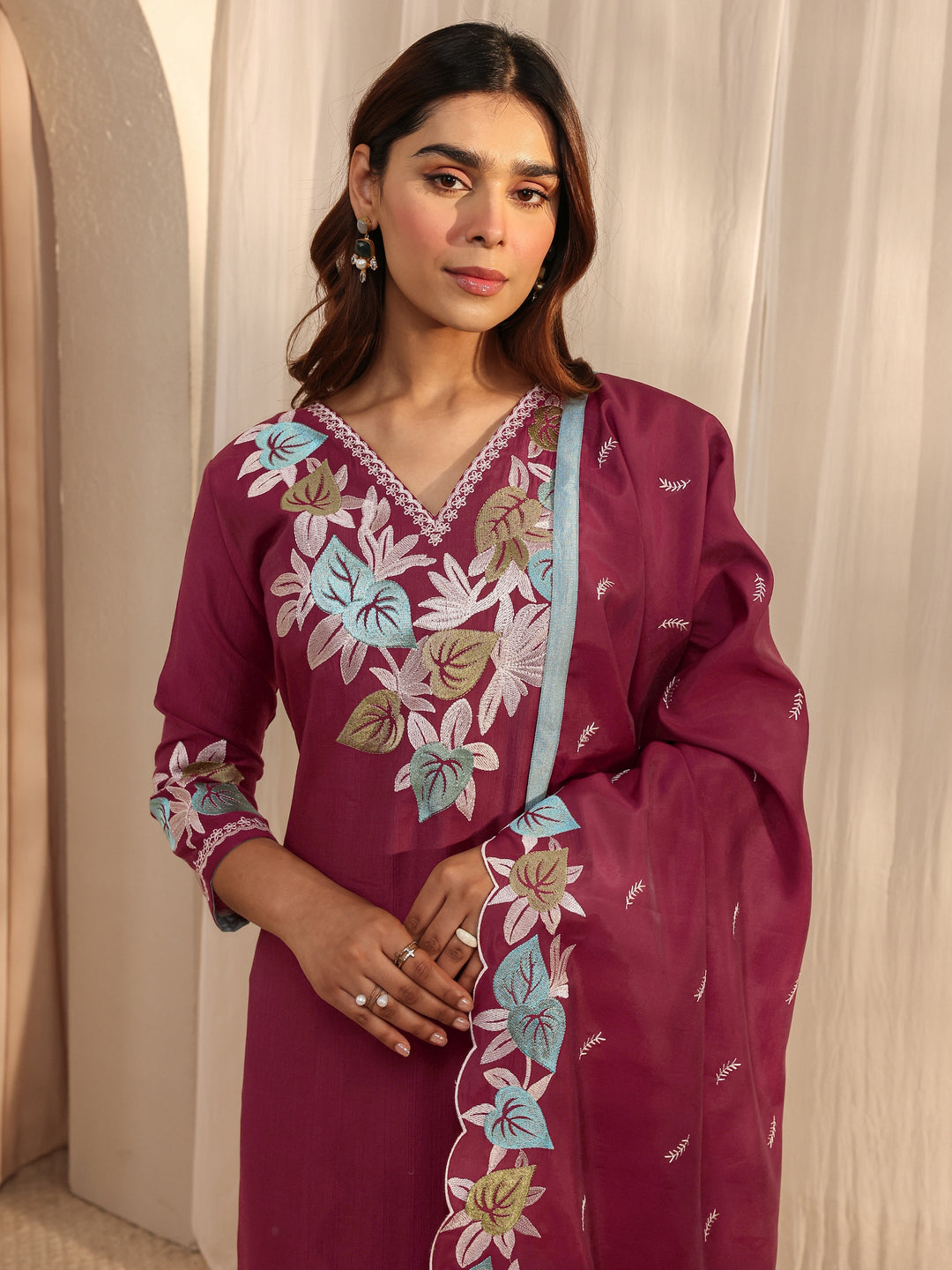 Maroon Floral Embroidered Silk Blend Straight Suit Set With Dupatta