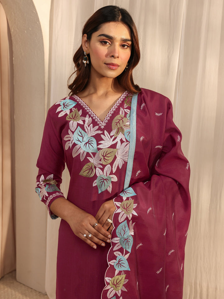 Maroon Floral Embroidered Silk Blend Straight Suit Set With Dupatta