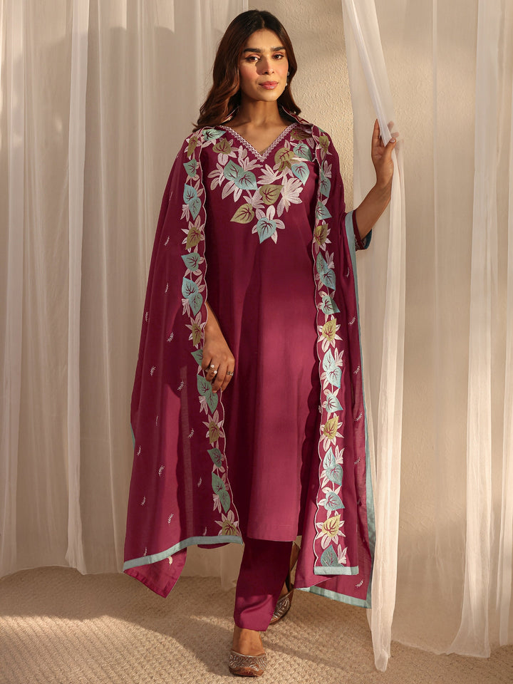 Maroon Floral Embroidered Silk Blend Straight Suit Set With Dupatta