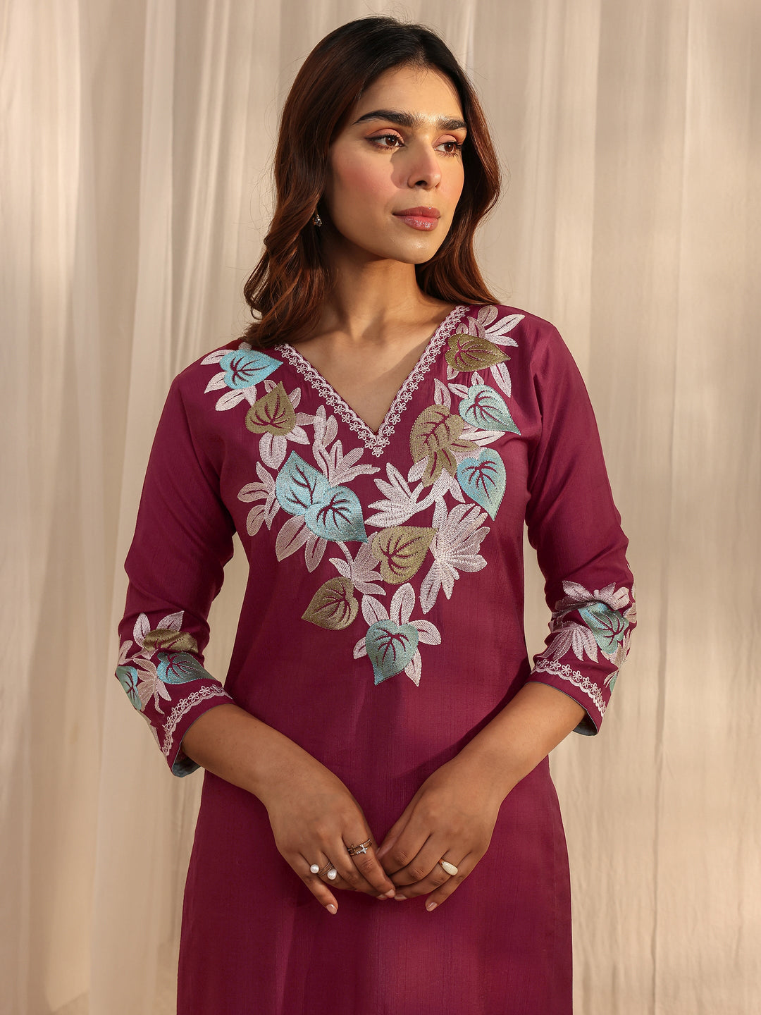Maroon Floral Embroidered Silk Blend Straight Suit Set With Dupatta