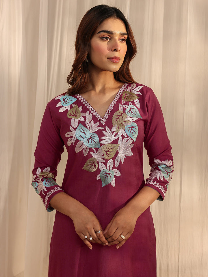 Maroon Floral Embroidered Silk Blend Straight Suit Set With Dupatta