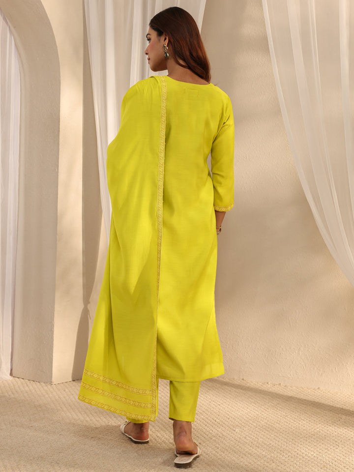 Green Floral Embroidered Silk Blend Straight Suit Set With Dupatta