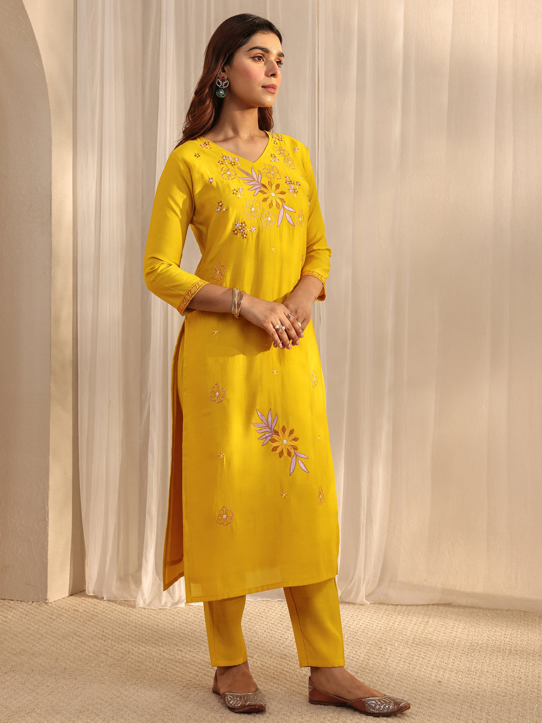 Mustard Floral Embroidered Silk Blend Straight Suit Set With Dupatta