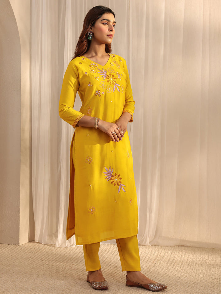 Mustard Floral Embroidered Silk Blend Straight Suit Set With Dupatta
