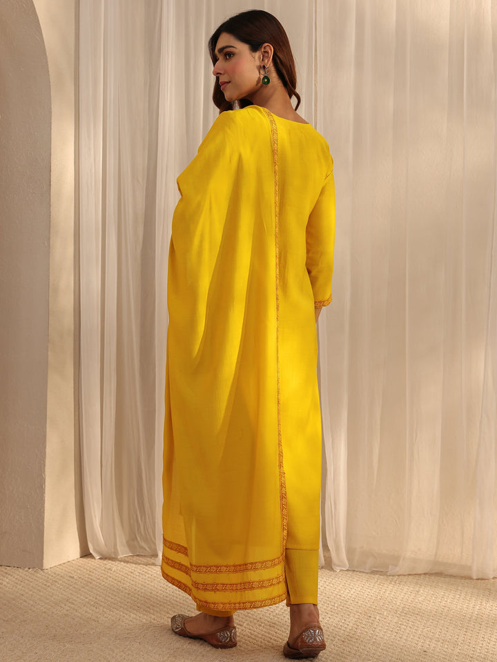 Mustard Floral Embroidered Silk Blend Straight Suit Set With Dupatta