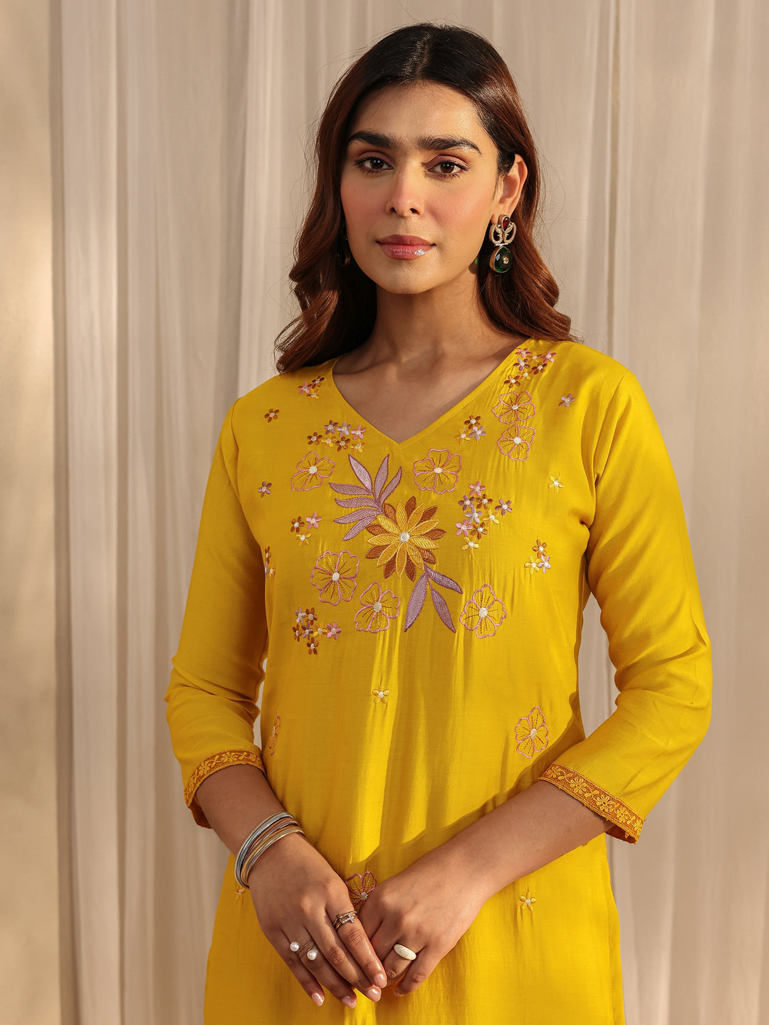 Mustard Floral Embroidered Silk Blend Straight Suit Set With Dupatta