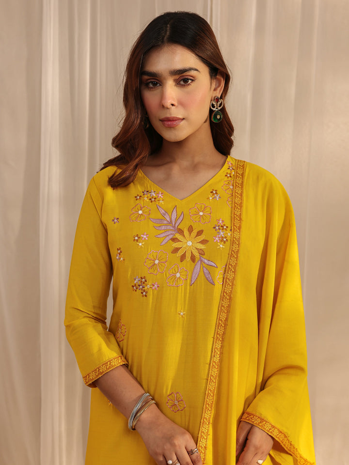 Mustard Floral Embroidered Silk Blend Straight Suit Set With Dupatta