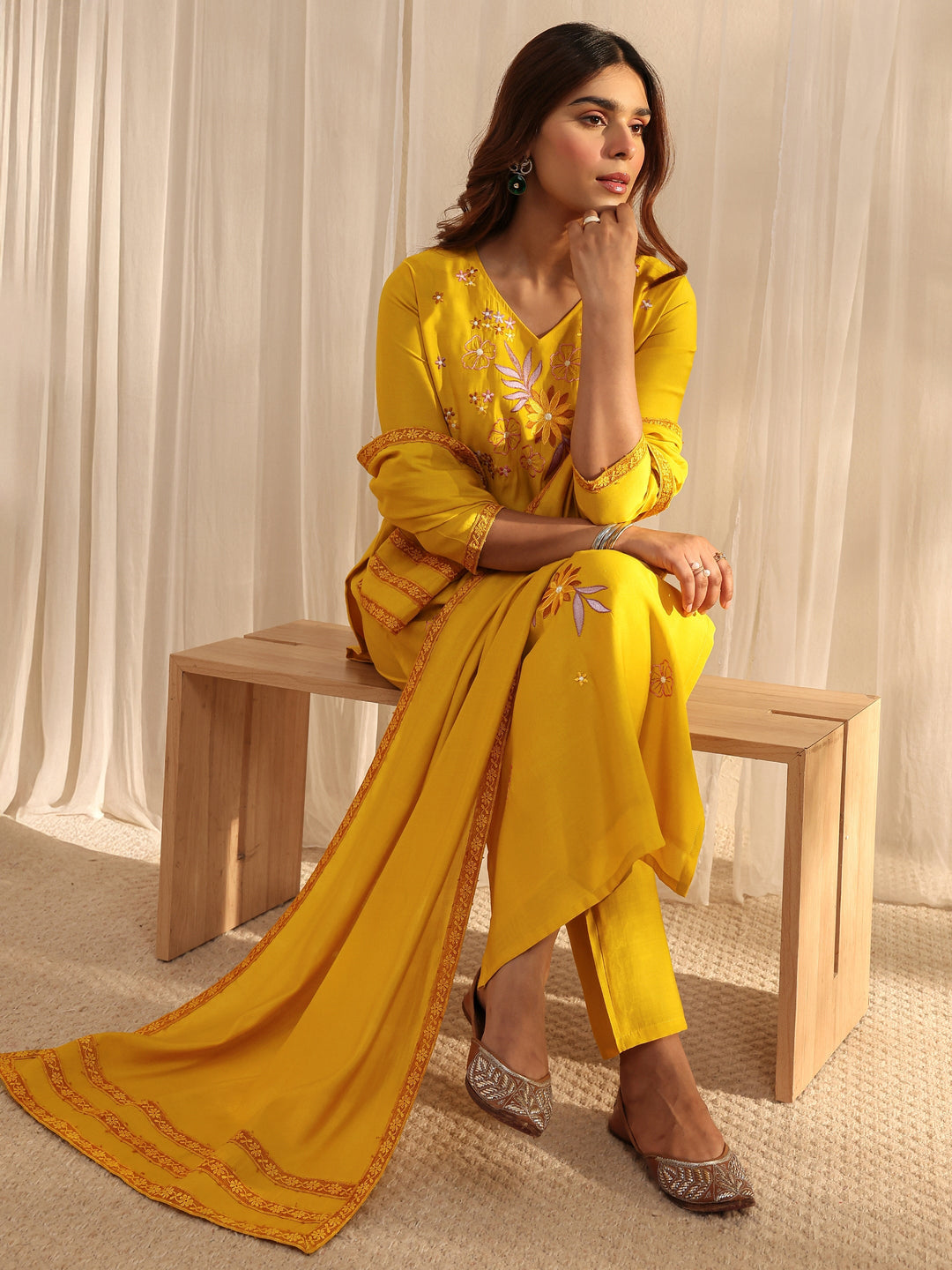 Mustard Floral Embroidered Silk Blend Straight Suit Set With Dupatta