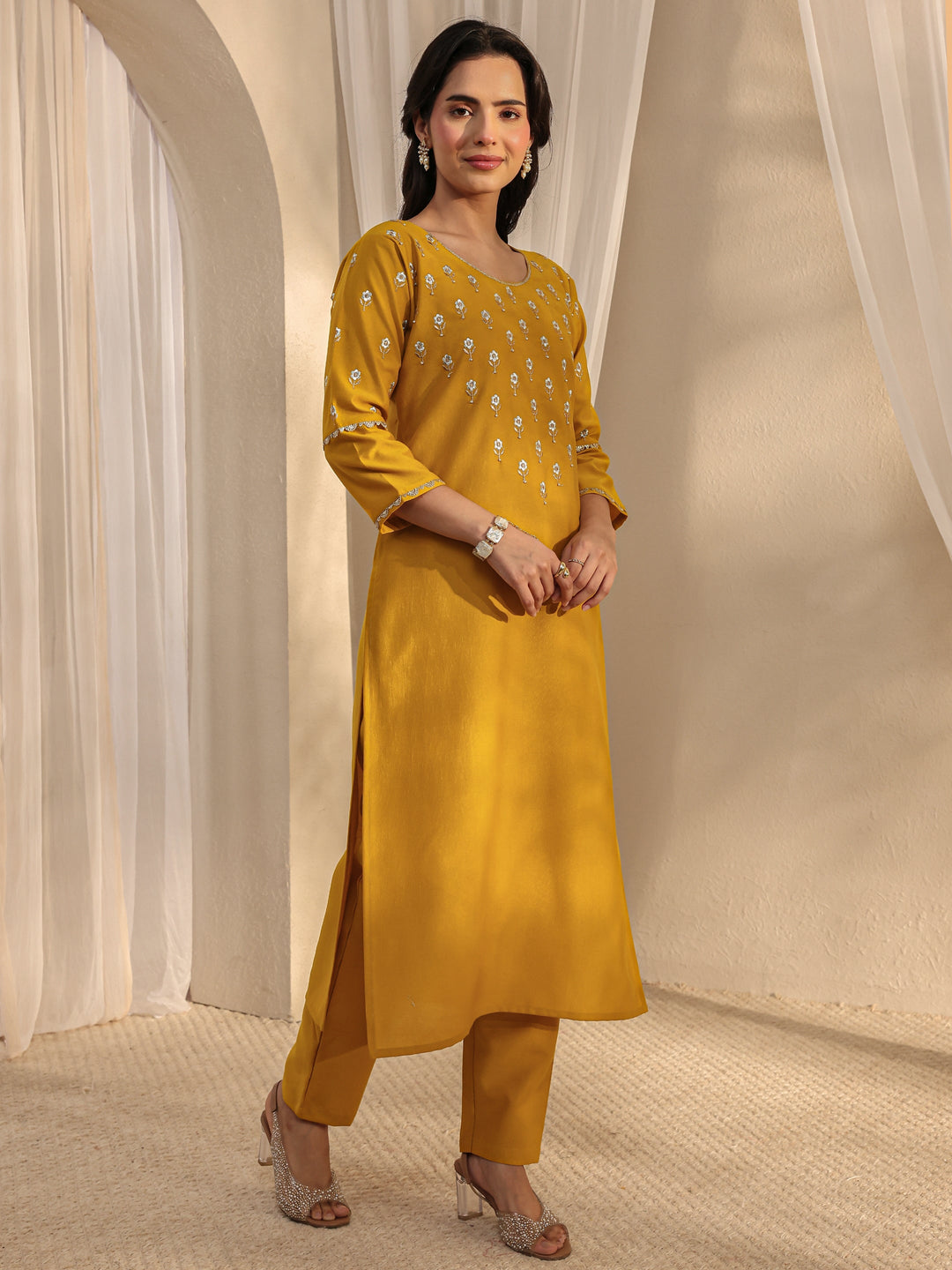 Mustard Floral Embroidered Silk Blend Straight Suit Set With Dupatta