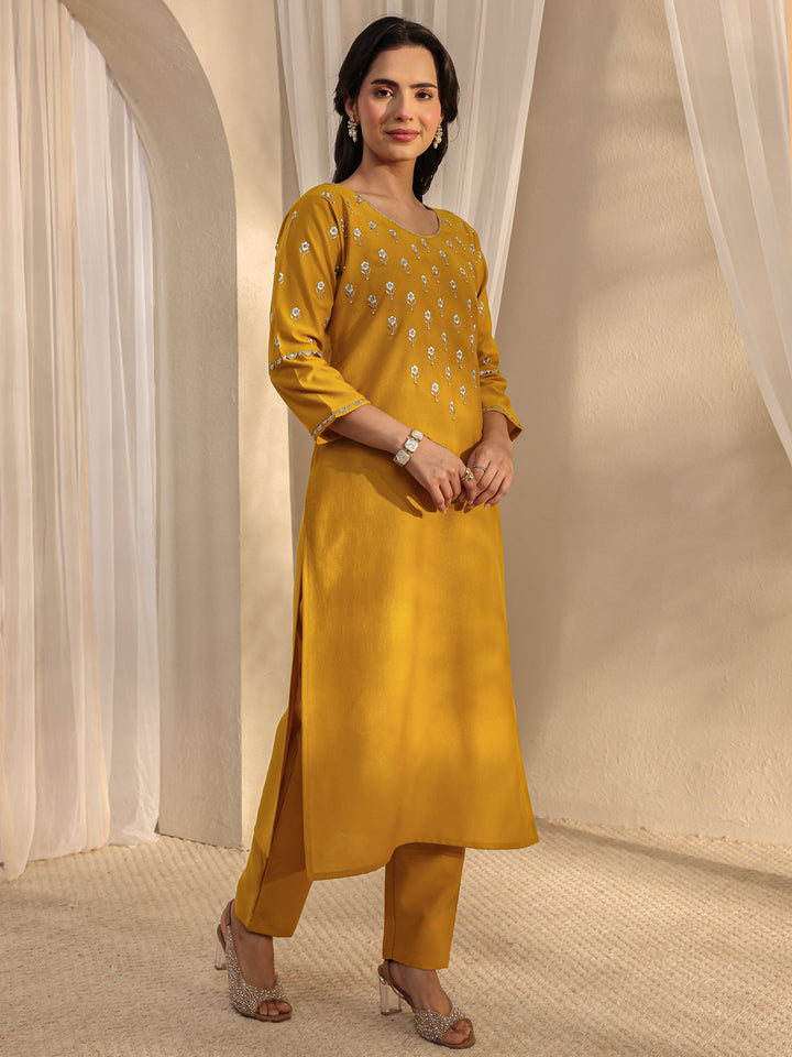 Mustard Floral Embroidered Silk Blend Straight Suit Set With Dupatta
