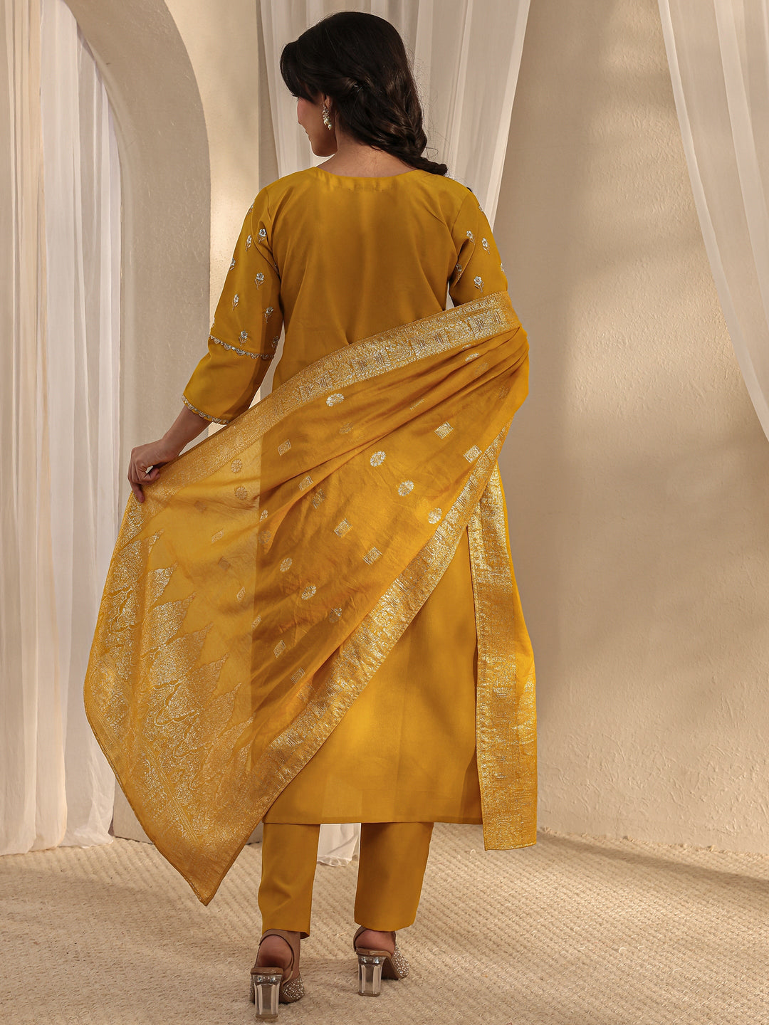 Mustard Floral Embroidered Silk Blend Straight Suit Set With Dupatta