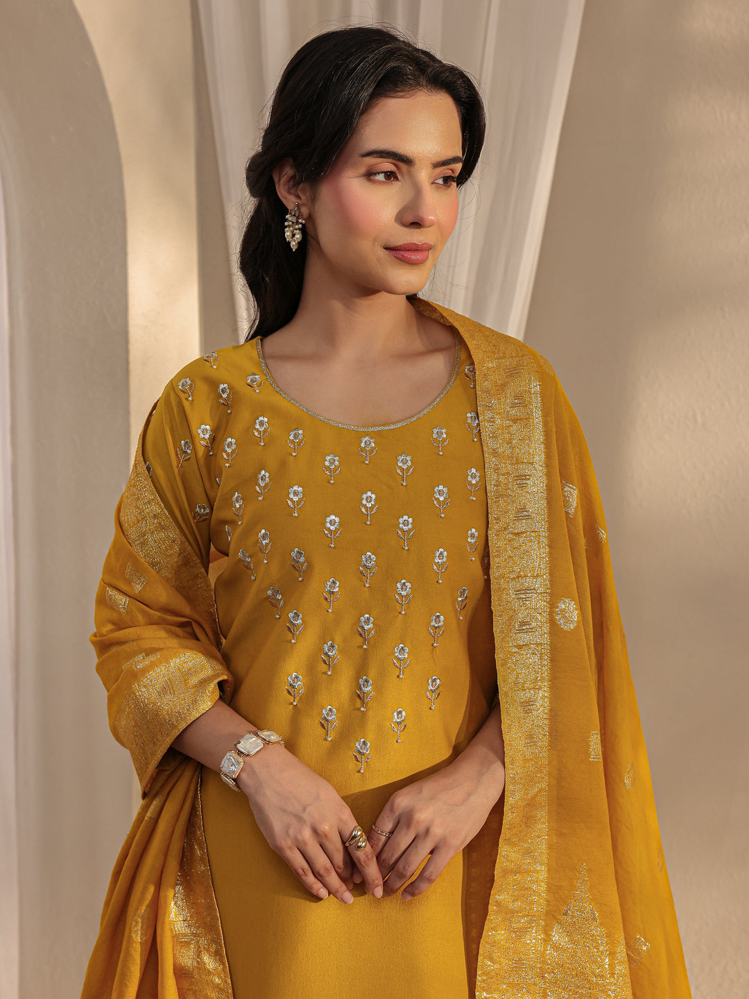 Mustard Floral Embroidered Silk Blend Straight Suit Set With Dupatta
