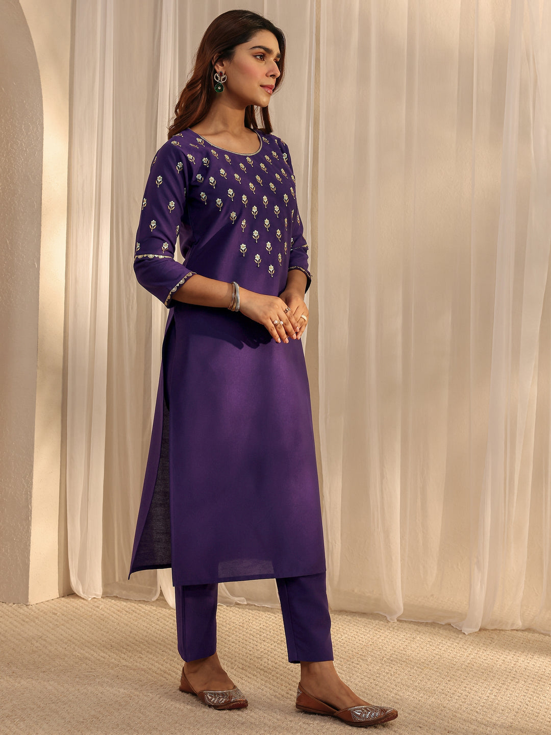 Purple Floral Embroidered Silk Blend Straight Suit Set With Dupatta