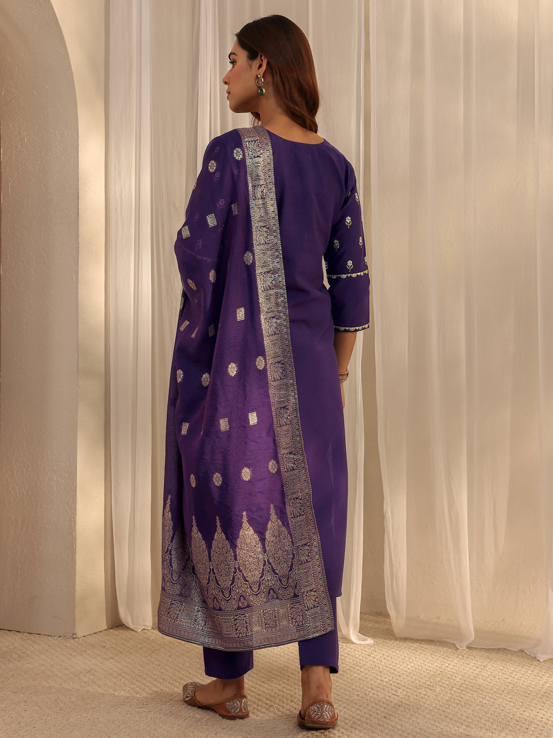 Purple Floral Embroidered Silk Blend Straight Suit Set With Dupatta