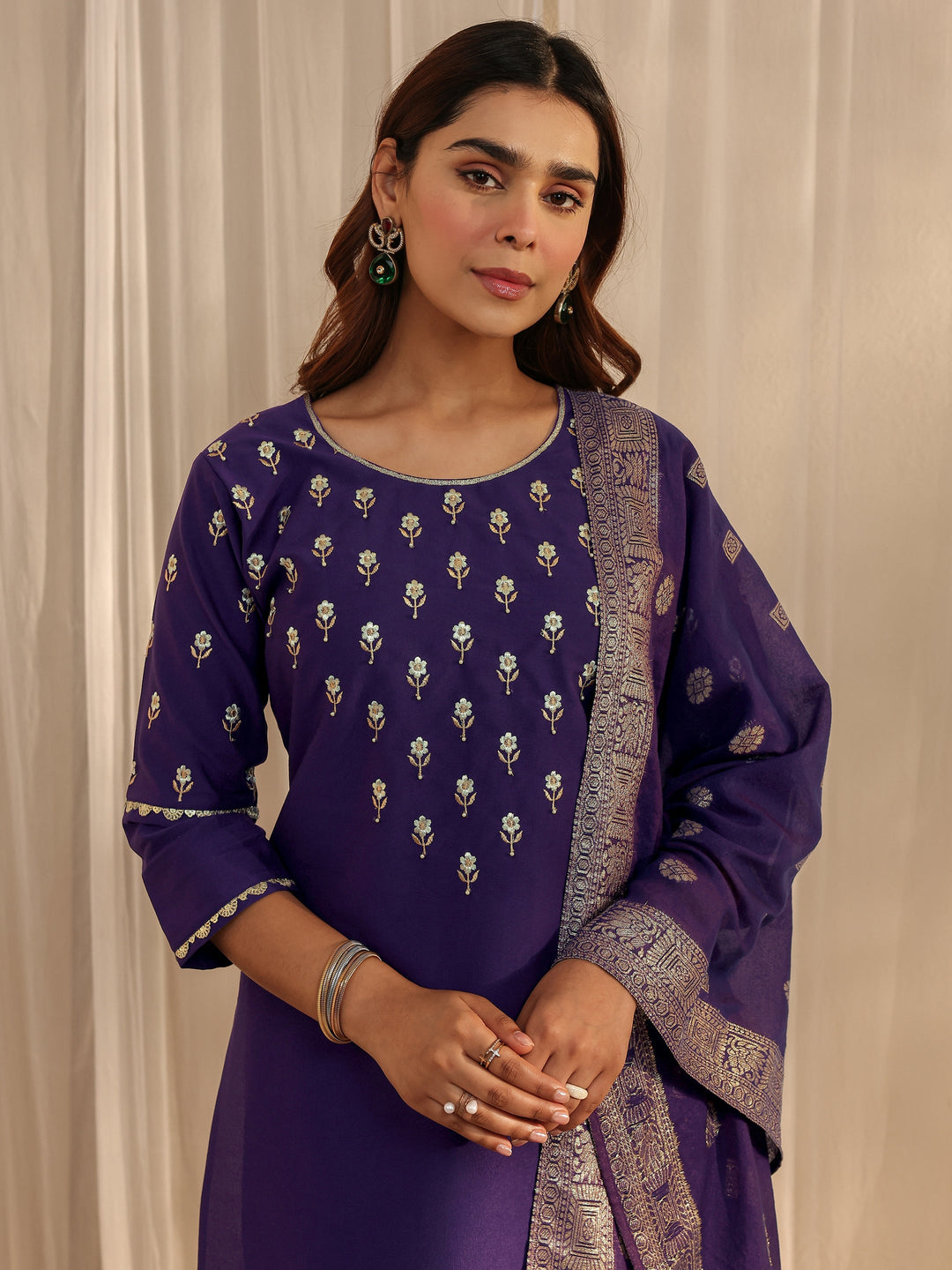 Purple Floral Embroidered Silk Blend Straight Suit Set With Dupatta