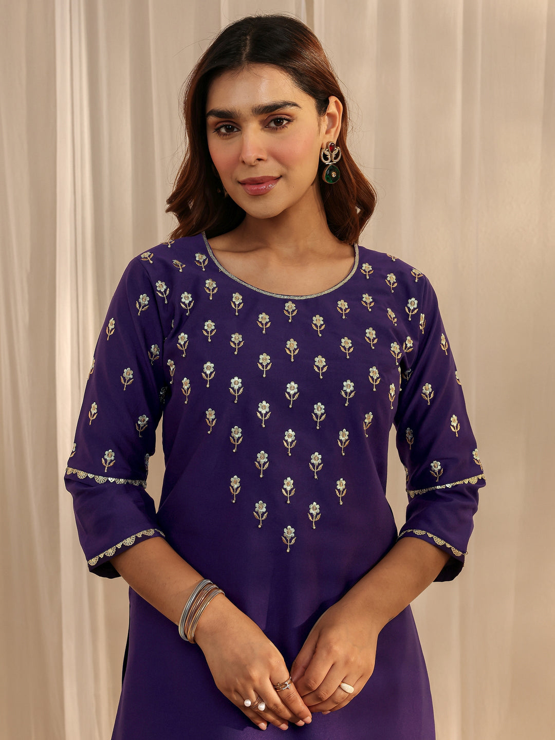 Purple Floral Embroidered Silk Blend Straight Suit Set With Dupatta