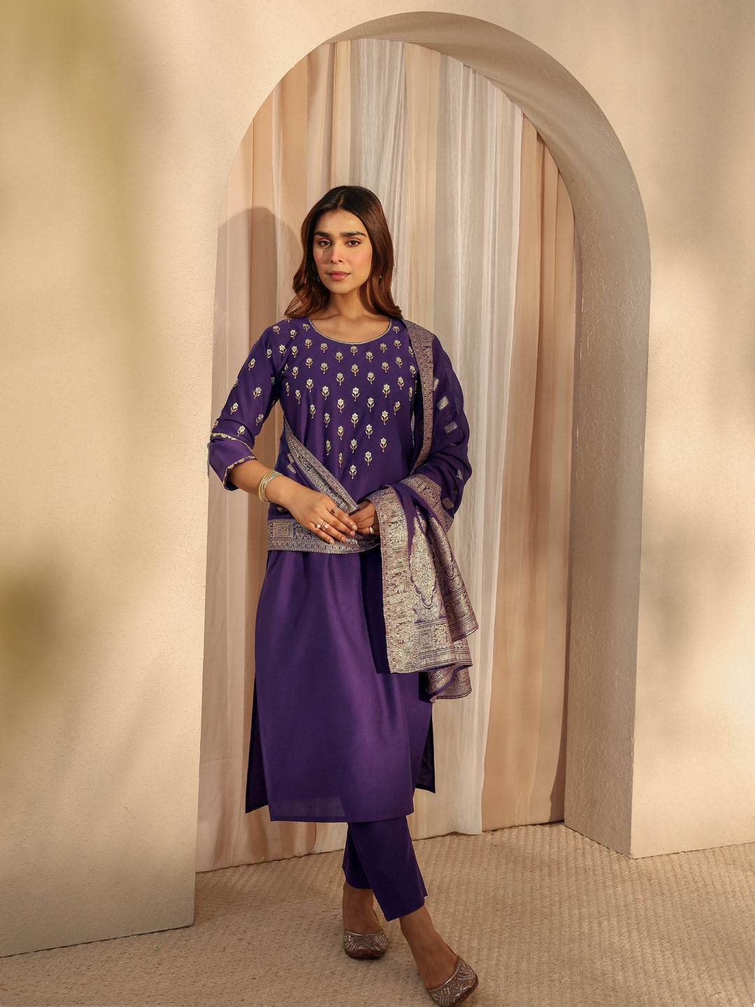 Purple Floral Embroidered Silk Blend Straight Suit Set With Dupatta