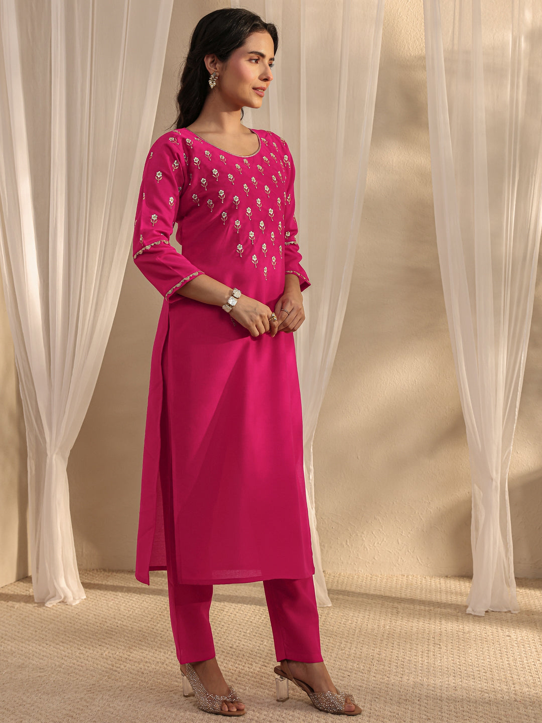 Pink Floral Embroidered Silk Blend Straight Suit Set With Dupatta
