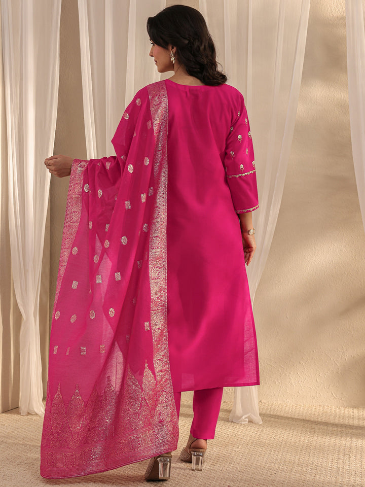 Pink Floral Embroidered Silk Blend Straight Suit Set With Dupatta