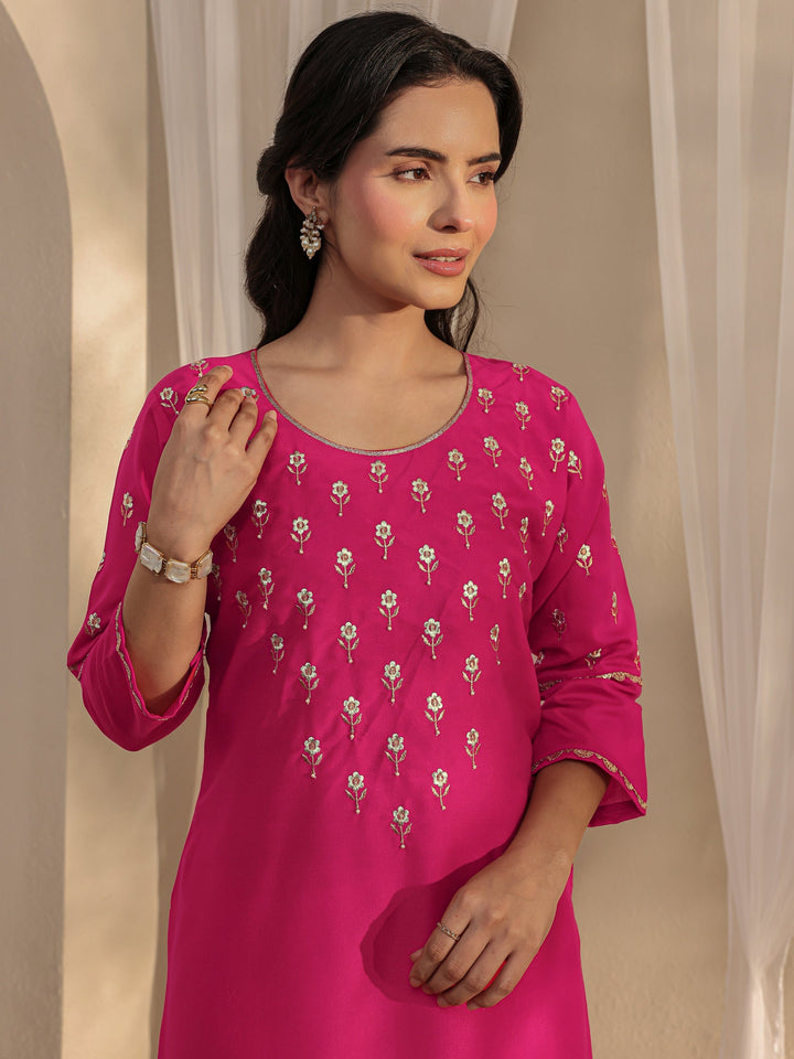Pink Floral Embroidered Silk Blend Straight Suit Set With Dupatta