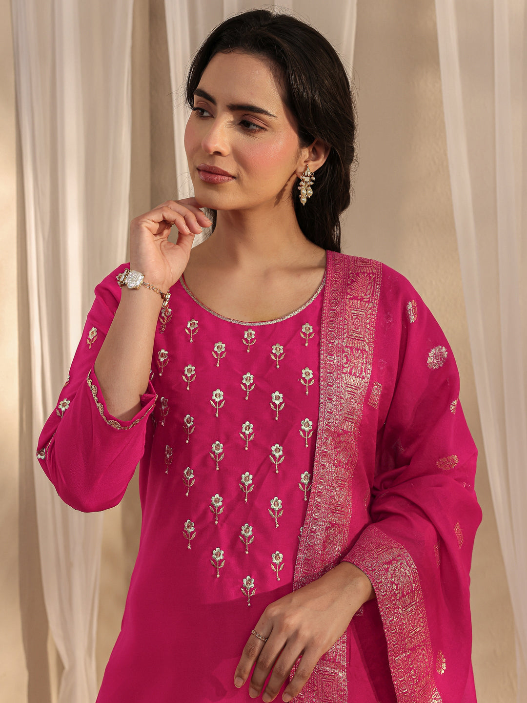 Pink Floral Embroidered Silk Blend Straight Suit Set With Dupatta