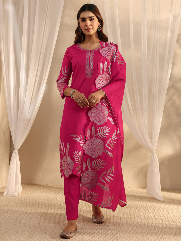 Pink Floral Embroidered Silk Blend Straight Suit Set With Dupatta
