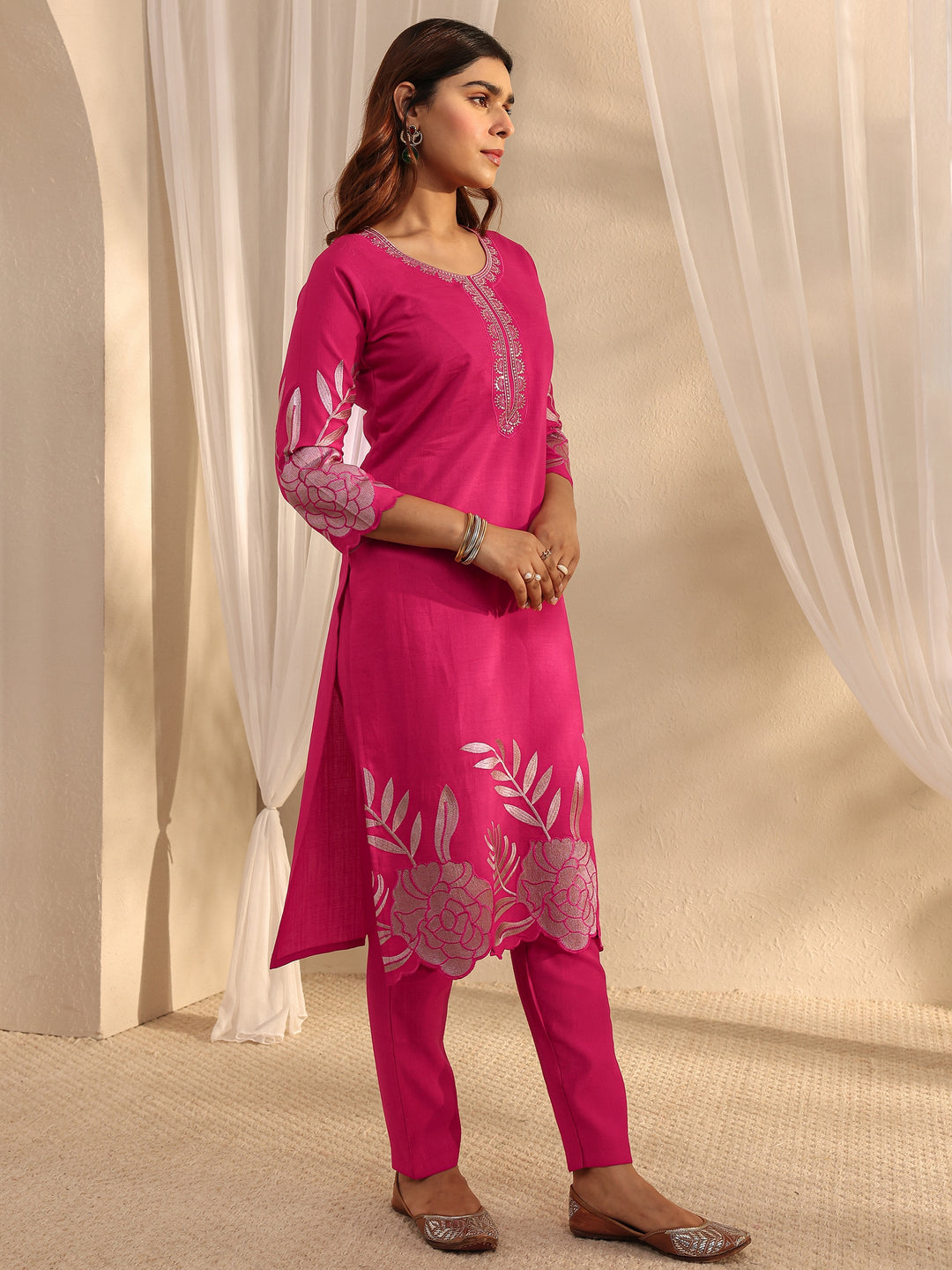 Pink Floral Embroidered Silk Blend Straight Suit Set With Dupatta