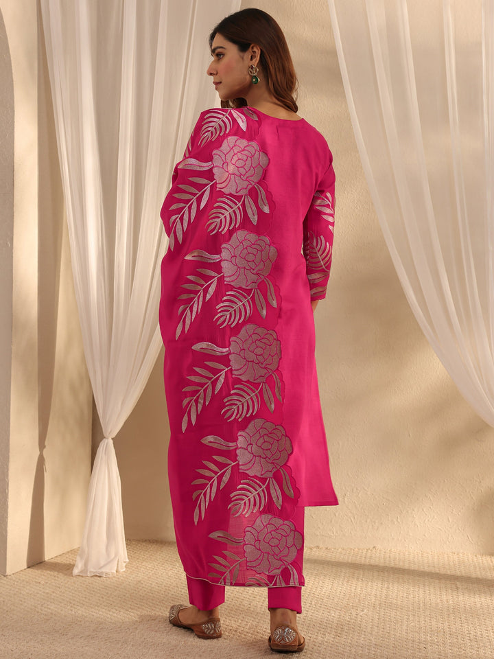 Pink Floral Embroidered Silk Blend Straight Suit Set With Dupatta