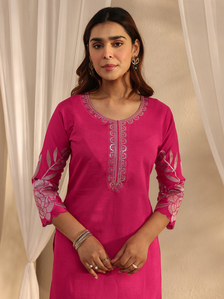 Pink Floral Embroidered Silk Blend Straight Suit Set With Dupatta