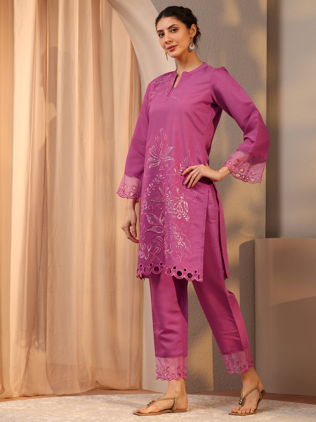 Pink Floral Embroidered Silk Blend Co-Ord Set