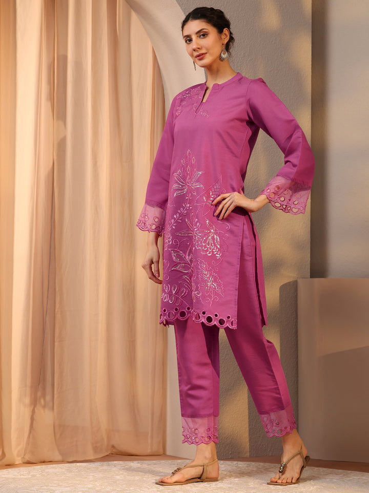 Pink Floral Embroidered Silk Blend Co-Ord Set