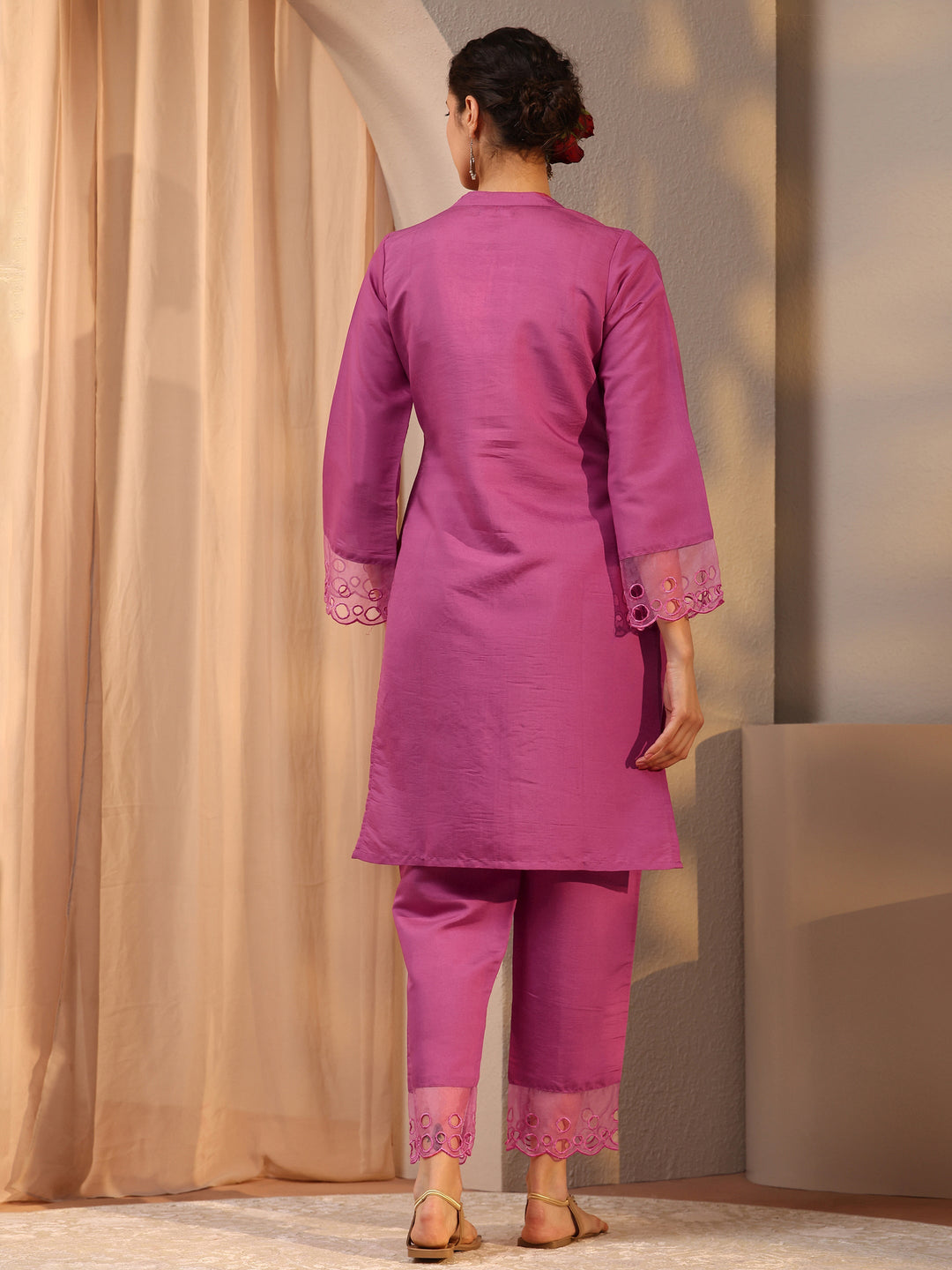 Pink Floral Embroidered Silk Blend Co-Ord Set
