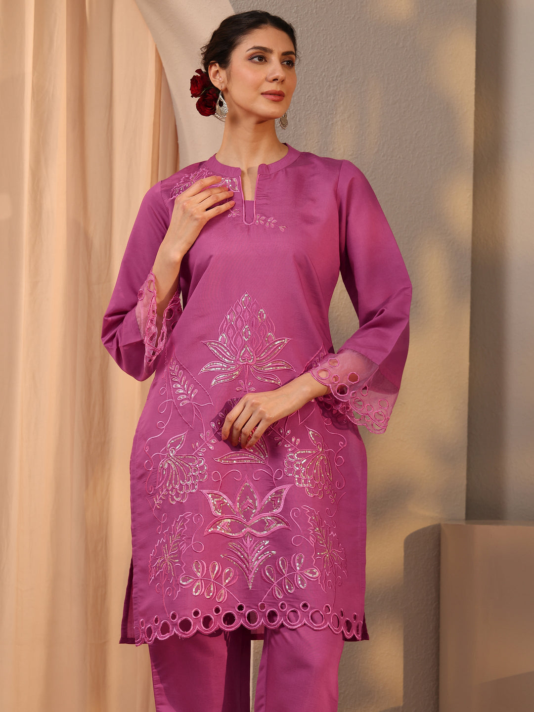 Pink Floral Embroidered Silk Blend Co-Ord Set