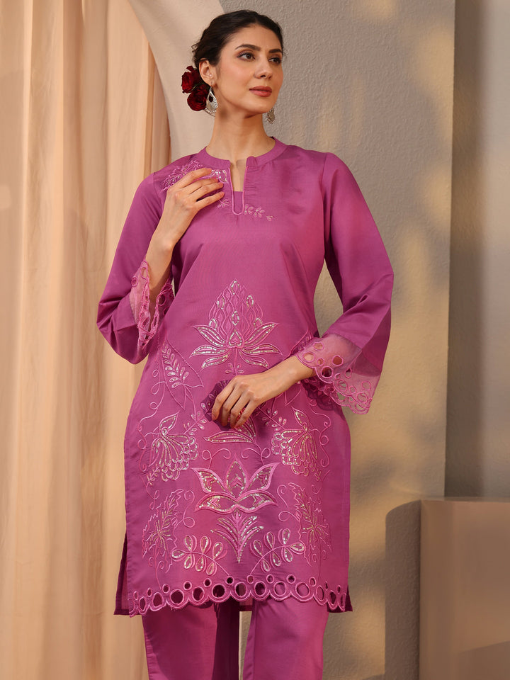Pink Floral Embroidered Silk Blend Co-Ord Set