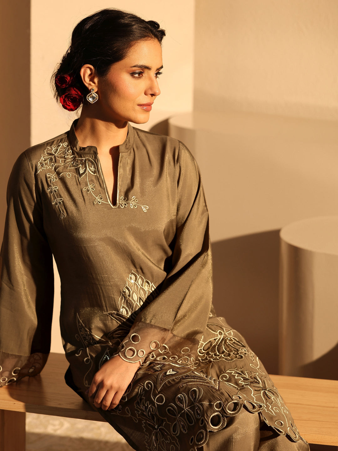 Brown Floral Embroidered Silk Blend Co-Ord Set