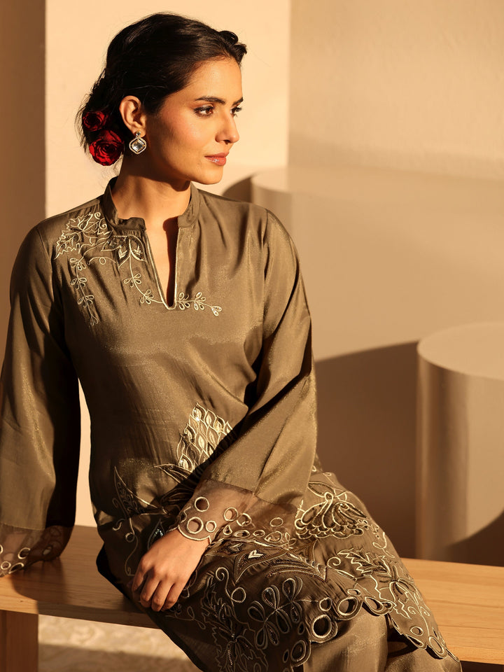 Brown Floral Embroidered Silk Blend Co-Ord Set