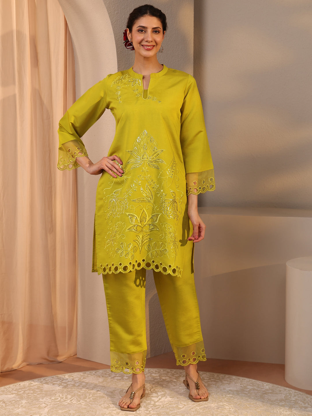 Green Floral Embroidered Silk Blend Co-Ord Set