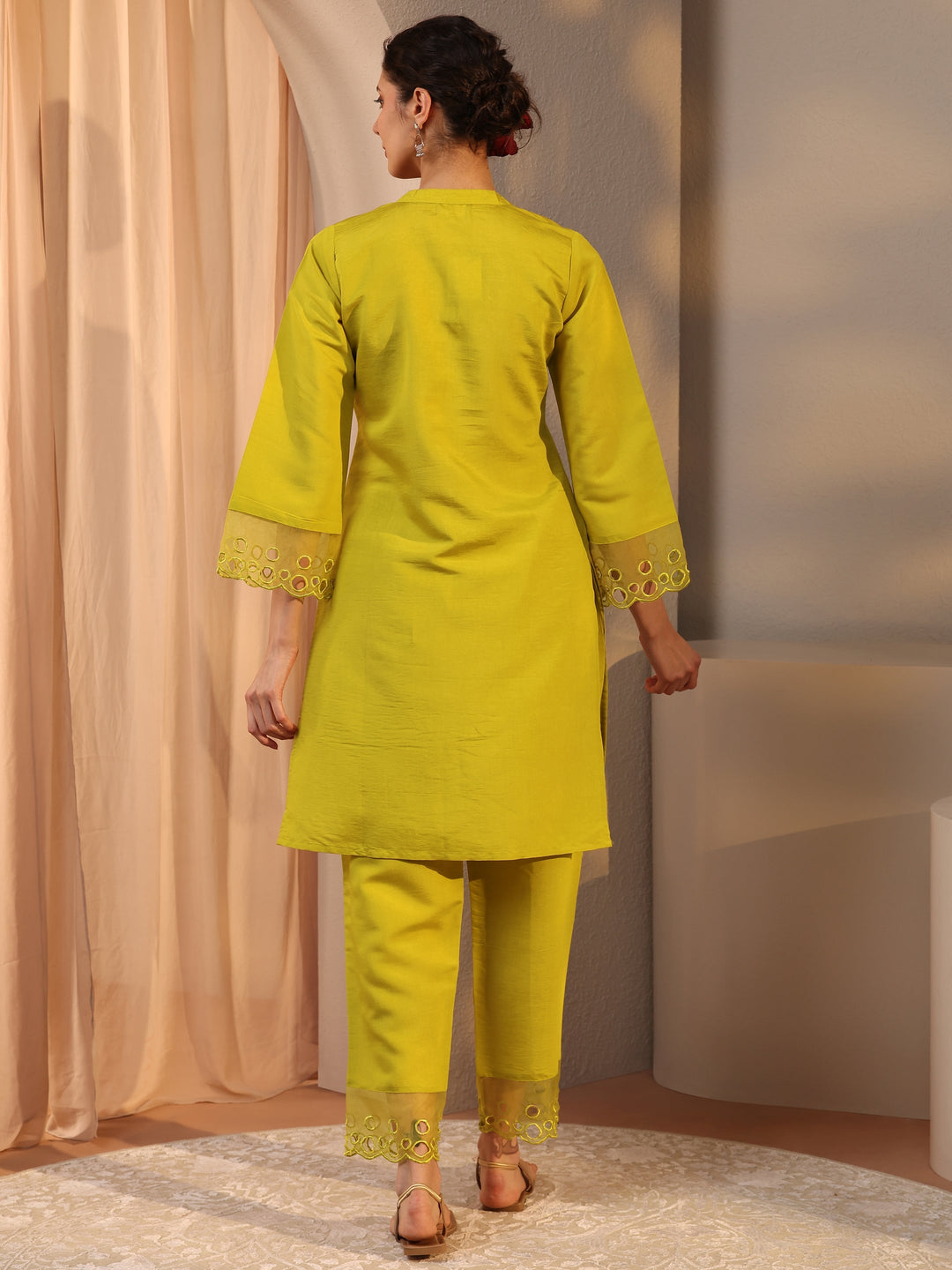 Green Floral Embroidered Silk Blend Co-Ord Set