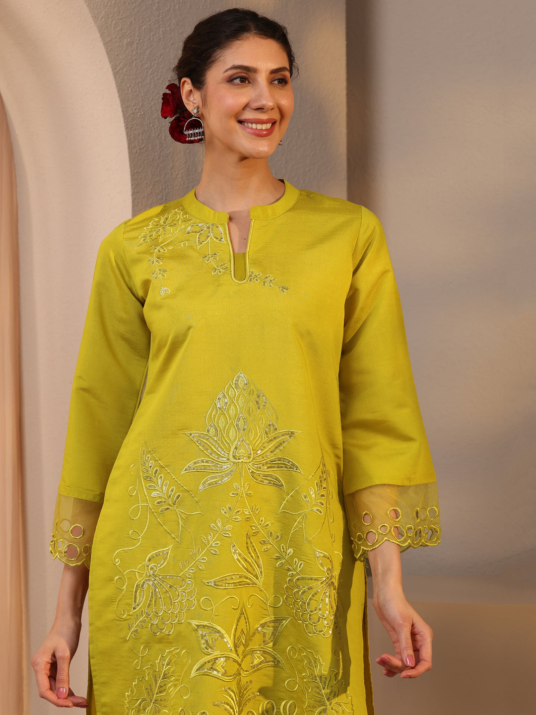 Green Floral Embroidered Silk Blend Co-Ord Set