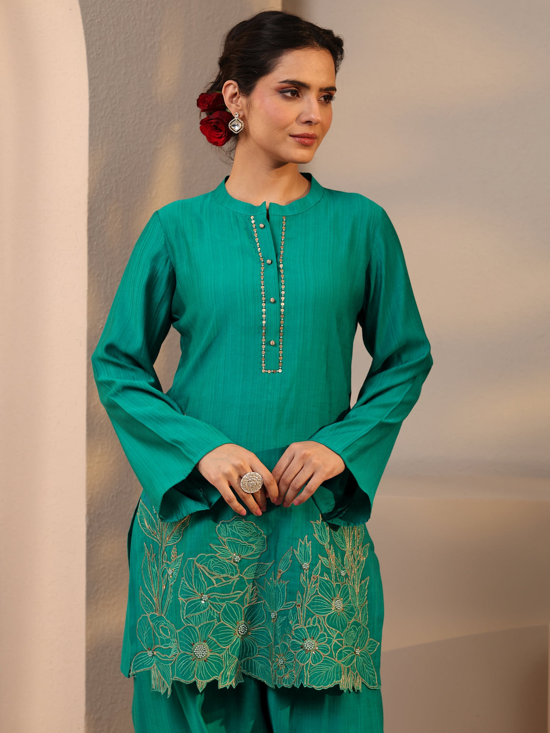 Green Floral Embellished Silk Blend Co-Ord Set