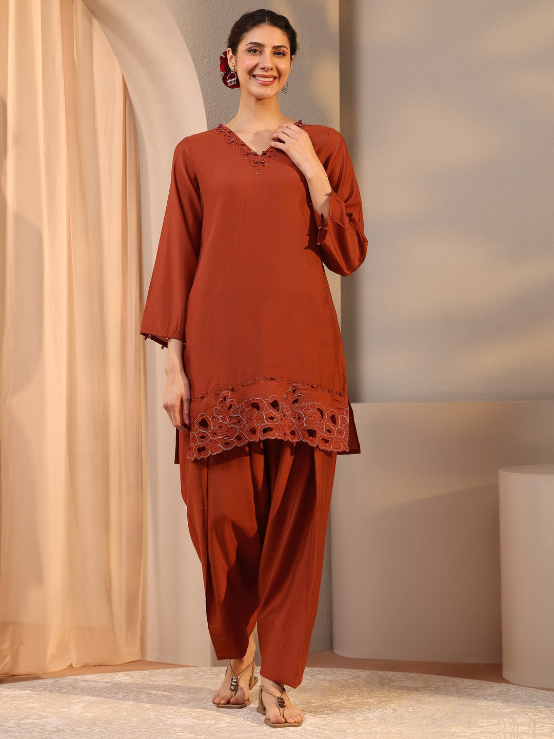 Rust Floral Embellished Silk Blend Co-Ord Set