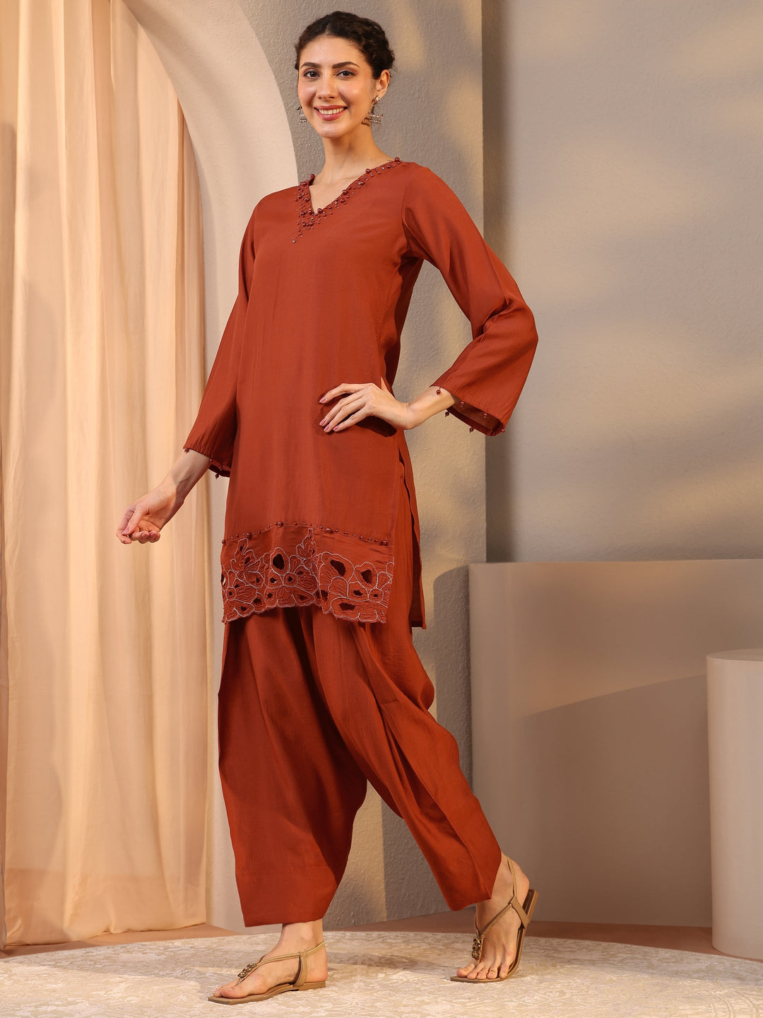 Rust Floral Embellished Silk Blend Co-Ord Set