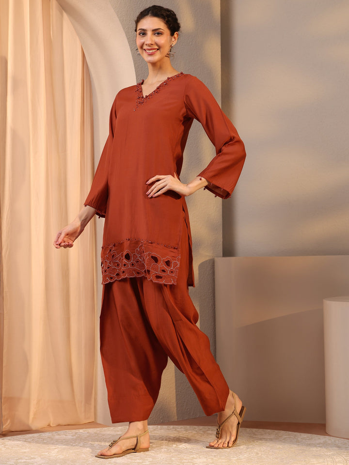 Rust Floral Embellished Silk Blend Co-Ord Set