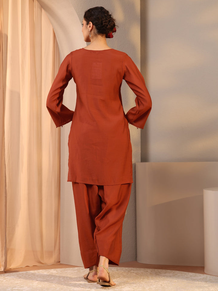 Rust Floral Embellished Silk Blend Co-Ord Set