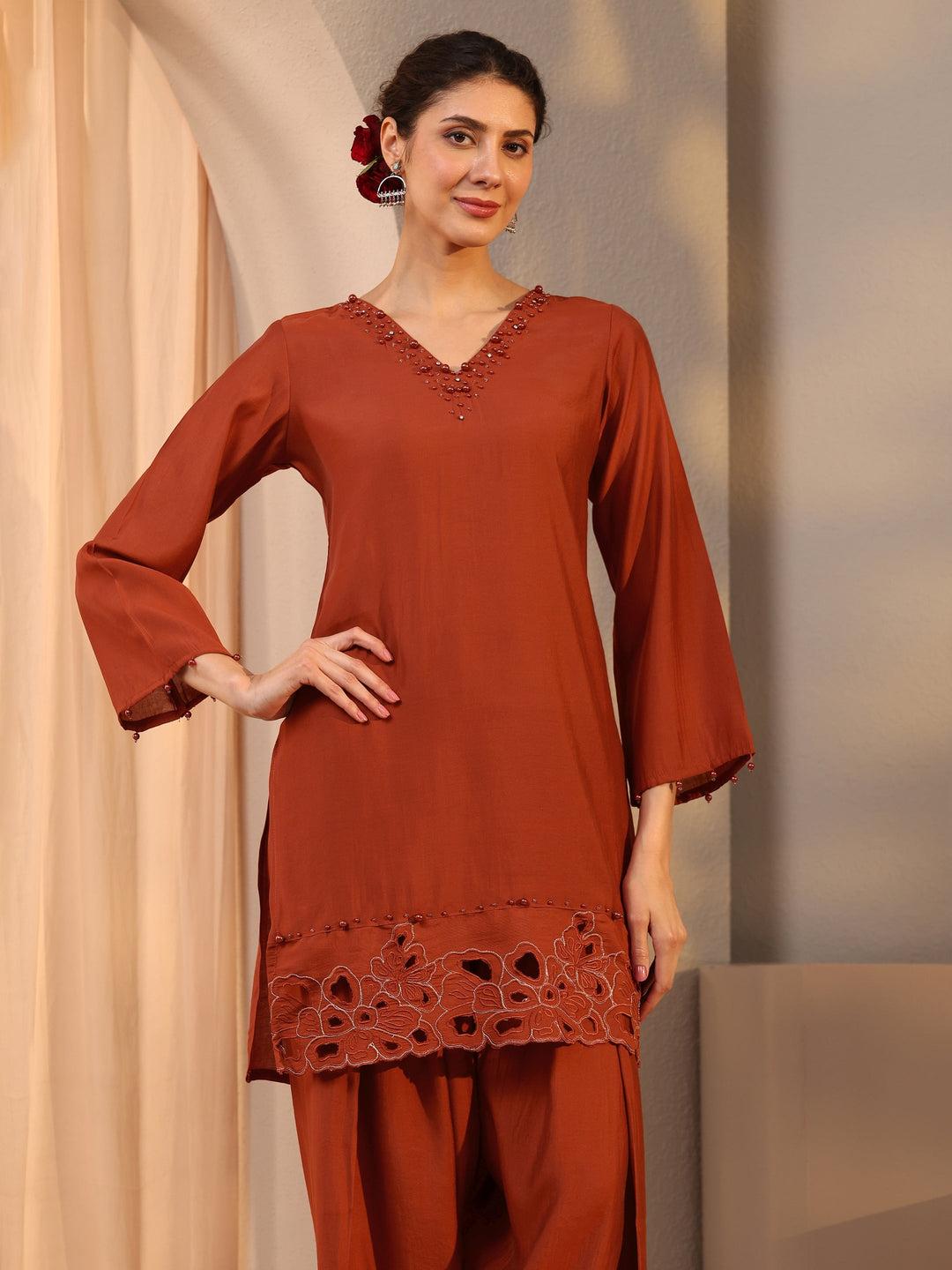 Rust Floral Embellished Silk Blend Co-Ord Set