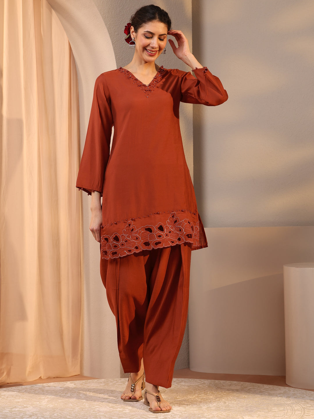 Rust Floral Embellished Silk Blend Co-Ord Set