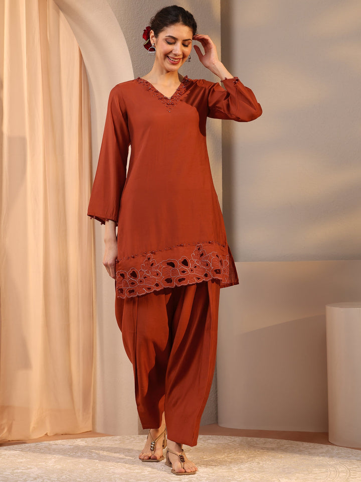 Rust Floral Embellished Silk Blend Co-Ord Set