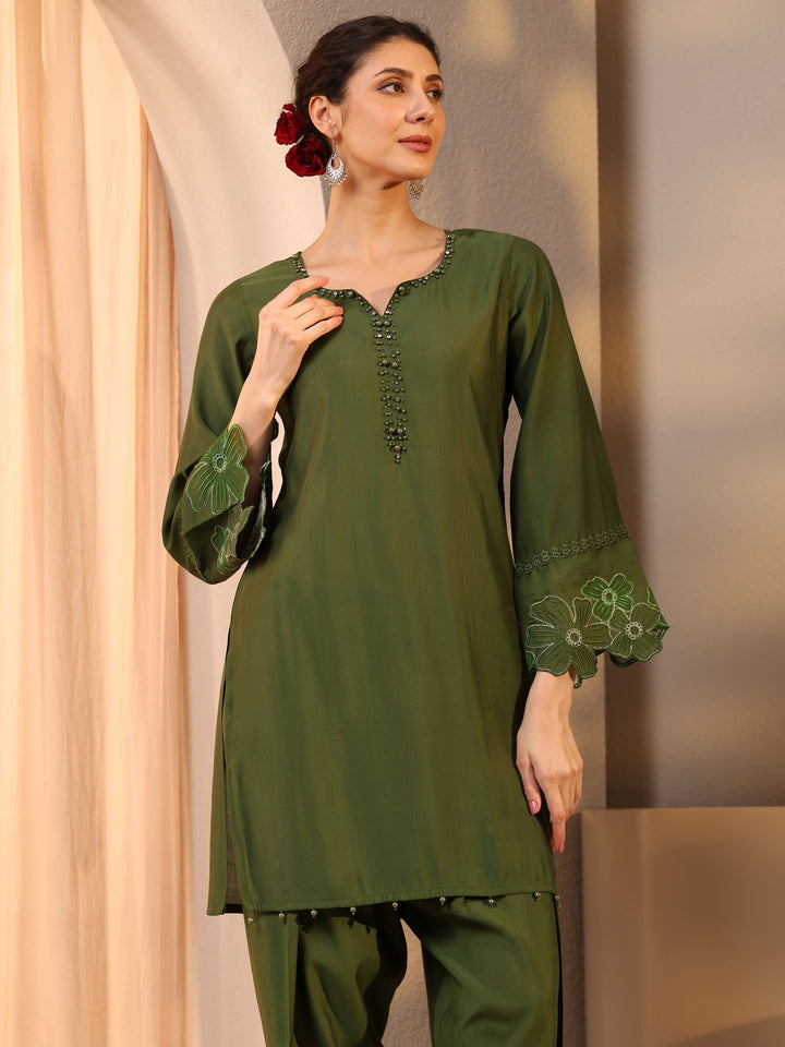 Olive Embellished Silk Blend Co-Ord Set