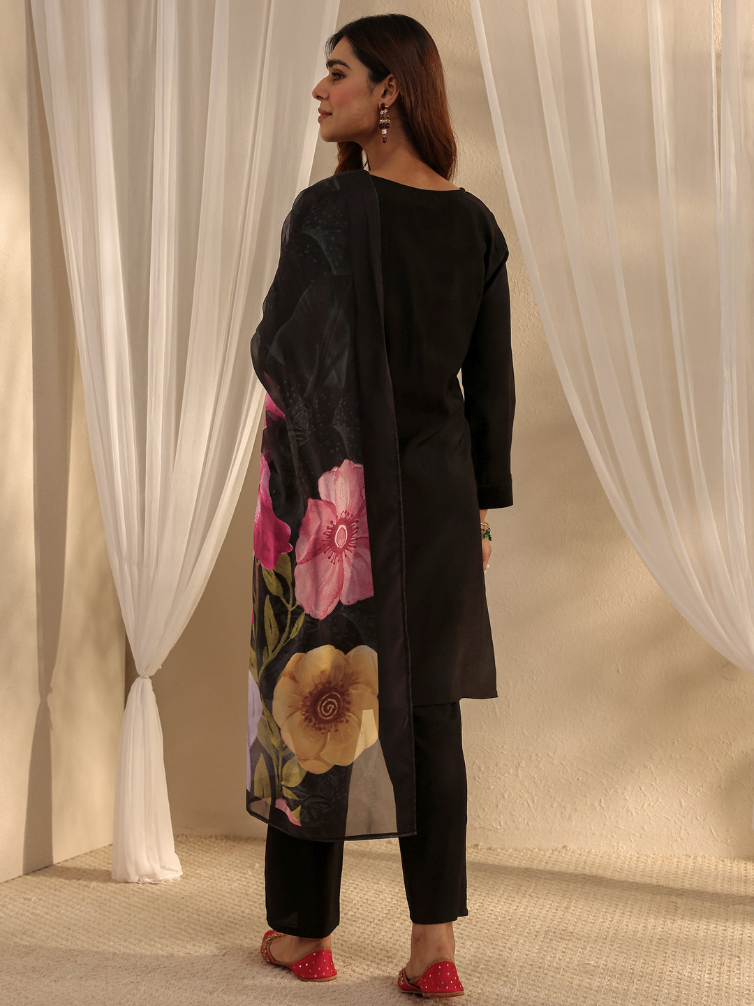 Black Floral Embroidered Silk Blend Straight Suit Set With Dupatta